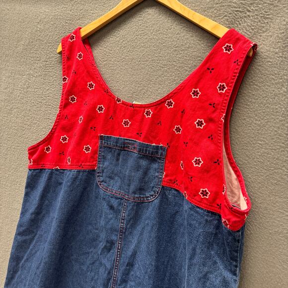 Vintage Maxi Dress Womens 18 W Blue Red Denim Pullover High Side Slits CST Sport - Picture 7 of 8